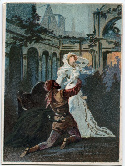 Italialaisen säveltäjän Giuseppe Verdin (1813 - 1901) kuvitus "" Ernani" -ooppera, näytös 2, kohtaus IV, luotu vuonna 1844 Victor Hugon tragedian "" Hernani" jälkeen. 1800-luvun lopun kromolitografia. tekijältä Unknown artist