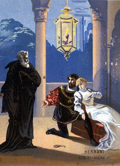 Italialaisen säveltäjän Giuseppe Verdin (1813 - 1901) kuvitus ”Ernani”, näytös V, kohtaus 6, ooppera syntyi 1844 Victor Hugon tragedian ”Hernani” jälkeen. kromolitografia 1800-luvun lopulla. tekijältä Unknown artist