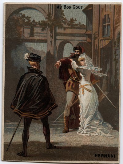 Kuva italialaisen säveltäjän Giuseppe Verdin (1813 - 1901) "Ernani" -oopperasta, joka luotiin vuonna 1844 Victor Hugon "Hernani"-tragedian jälkeen. 1800-luvun lopun kromolitografia. tekijältä Unknown artist