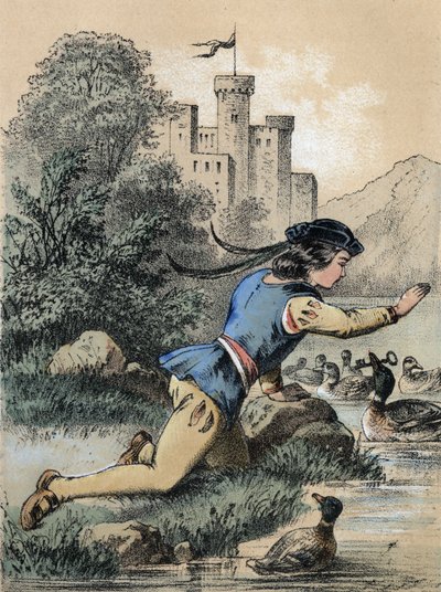 Kuva Franz Hoffmannin tarinoista "" Tales et Fables - Les 3 Princes"": Prinssi saa avaimen ankasta. 1800-luvun kromolitografia. tekijältä Unknown artist