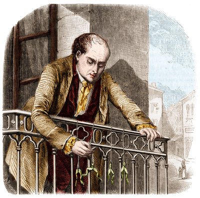 Kuva italialaisen fyysikon ja lääkärin (1737 - 1798) Luigi Galvanin kokeista sammakoiden kanssa. tekijältä Unknown artist