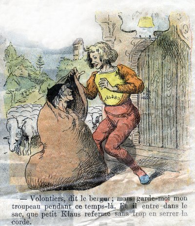 Kuva 1800-luvun lopusta Hans Christian Andersenin (1805-1875) tarinaan "Grand Claus and Little Claus" (Klaus). Yksityiskokoelma. tekijältä Unknown artist