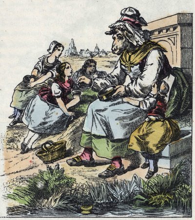 Kuvitus tarinasta "Hyvä äitilammas". "" Tarinoita kodista pienimmille"". Anonyymi kaiverrus 1800-luvulta. tekijältä Unknown artist