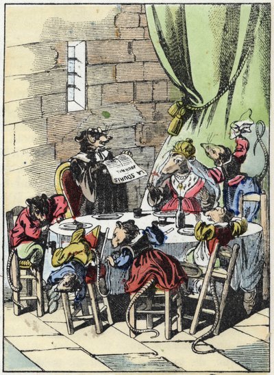 Kuvitus tarinasta "Kauhea Raminagrobis ja hiiret"" -hahmo piirtää Jean de la Fontainen tarinoita. "" Tarinoita kodista pienimmille"". Anonyymi kaiverrus 1800-luvulta. tekijältä Unknown artist
