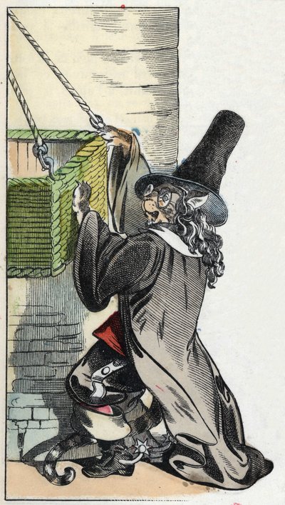 Kuvitus tarinasta "Kauhea Raminagrobis ja hiiret"" -hahmo piirtää Jean de la Fontainen tarinoita. "" Tarinoita kodista pienimmille"". Anonyymi kaiverrus 1800-luvulta. tekijältä Unknown artist