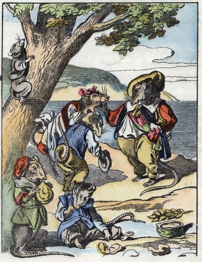 Kuvitus tarinasta "Kauhea Raminagrobis ja hiiret"" -hahmo piirtää Jean de la Fontainen tarinoita. "" Tarinoita kodista pienimmille"". Anonyymi kaiverrus 1800-luvulta. tekijältä Unknown artist