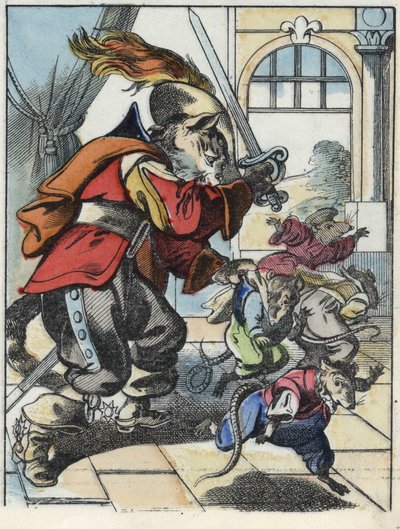 Kuvitus tarinasta "Kauhea Raminagrobis ja hiiret"" -hahmo piirtää Jean de la Fontainen tarinoita. "" Tarinoita kodista pienimmille"". Anonyymi kaiverrus 1800-luvulta. tekijältä Unknown artist