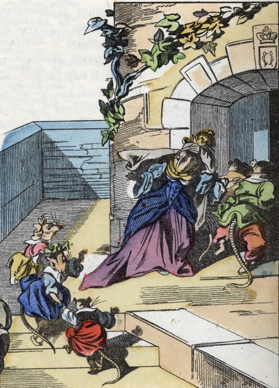 Kuvitus tarinasta "Kauhea Raminagrobis ja hiiret"" -hahmo piirtää Jean de la Fontainen tarinoita. "" Tarinoita kodista pienimmille"". Anonyymi kaiverrus 1800-luvulta. tekijältä Unknown artist