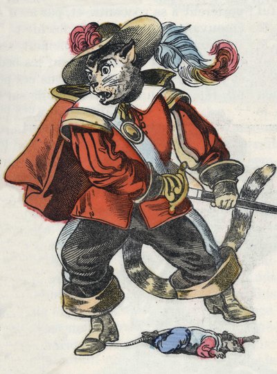 Kuvitus tarinasta "Kauhea Raminagrobis ja hiiret"" -hahmo piirtää Jean de la Fontainen tarinoita. "" Tarinoita kodista pienimmille"". Anonyymi kaiverrus 1800-luvulta. tekijältä Unknown artist