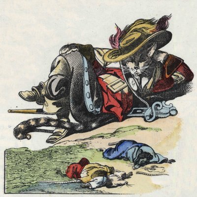 Kuvitus tarinasta "Kauhea Raminagrobis ja hiiret"" -hahmo piirtää Jean de la Fontainen tarinoita. "" Tarinoita kodista pienimmille"". Anonyymi kaiverrus 1800-luvulta. tekijältä Unknown artist