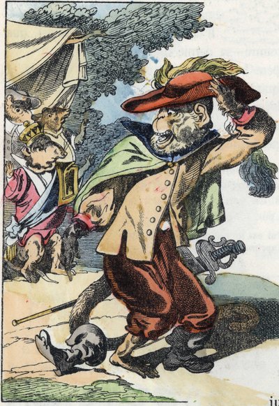 Kuvitus tarinasta "Kauhea Raminagrobis ja hiiret"" -hahmo piirtää Jean de la Fontainen tarinoita. "" Tarinoita kodista pienimmille"". Anonyymi kaiverrus 1800-luvulta. tekijältä Unknown artist