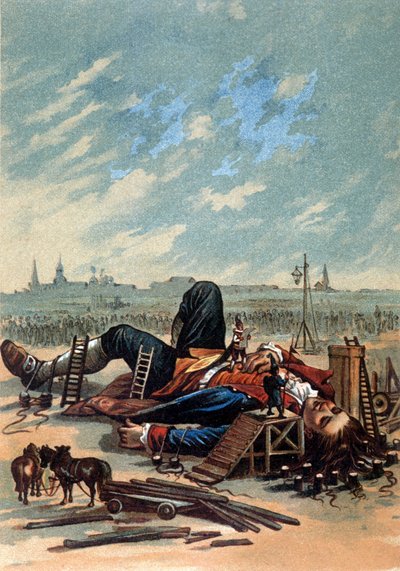 Kuvassa Lilliputians kiinnittävät Gulliveria. Kromolitografia, sd. 1800-luvun loppu. tekijältä Unknown artist