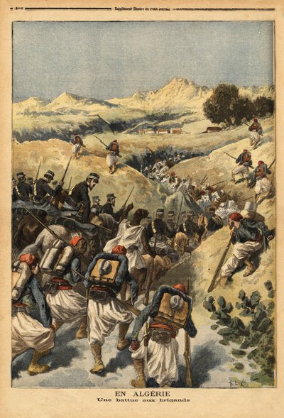 Algeriassa pataljoona, jonka kokonainen Zouaves-pataljoona organisoi ratsuväen vahvistama, vangitakseen Areski ben Bashirin, jonka Algerian tuomioistuin on tuominnut kolmesti kuolemaan. Kaiverrus "" Le petit Journal" -lehdessä 23.12.1893. Selvan kokoelma. tekijältä Unknown artist
