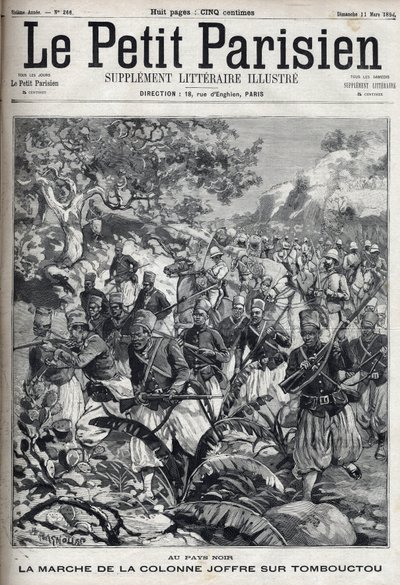 Ranskan siirtomaissa: kenraali Joseph Joffren (1852-1931) ja hänen spahi-armeijansa marssi Timbuktuun (Mali). Kaiverrus kirjassa "" Le Parisien"" tekijältä Unknown artist