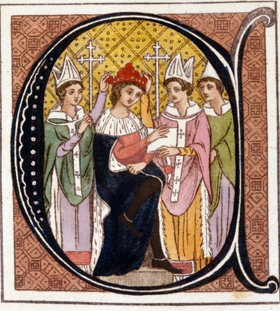 Englannin Edward I:n (1239-1307) kunniaksi vihkiminen vuonna 1272. Kaiverrus 1800-luvulta. Biblioteca nazionale Braidense. Milano tekijältä Unknown artist