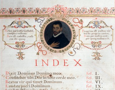 Hakemistosivu, jossa on muotokuva Giovanni Giacomo Gastoldista tekijältä Unknown artist