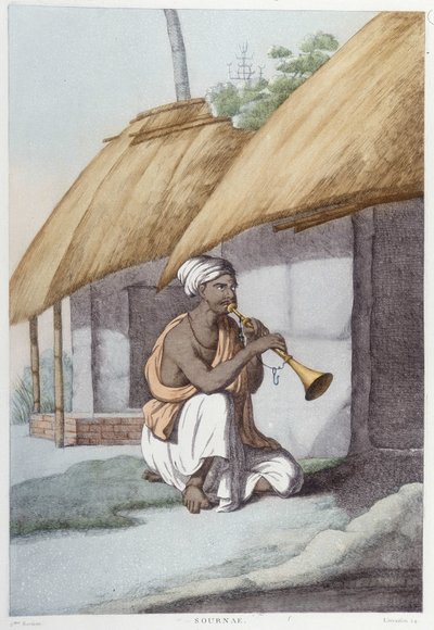 Intialainen kulttuuri, sivilisaatio ja yhteiskunta: muusikko perinteisellä intialaisella huilulla. Kaiverrus vuodelta 1808. tekijältä Unknown artist