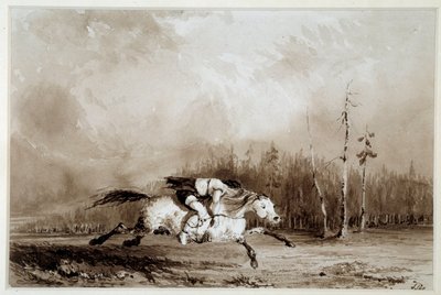 Amerikan intiaani: "" Hevonen laukkaa kantaen miestä sidottuina"" Nimetön piirros. 1800-luvun La Rochelle, Musee du Nouveau Monde tekijältä Unknown artist