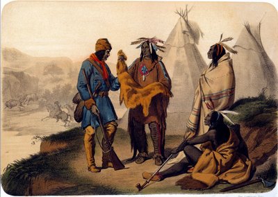Amerikan intiaanit: ansastaja vaihtokauppaa Red Skinsin kanssa, he vaihtavat juurikkaan nahkoja, yksi intiaaneista polttaa kalmaria. 1800-luvun litografia La Rochelle, Musee du Nouveau Monde tekijältä Unknown artist