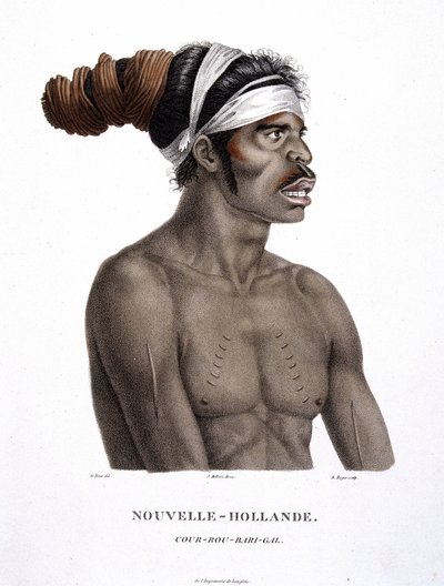 Alkuperäiskansat Cour-Rou-Bari-Gal New Hollandista - herra Lesueur ja Peer teoksessa "" Löytöjen matka eteläisiin maihin"" tekijältä Unknown artist