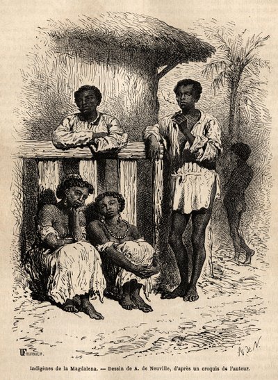 Magdalenan (joet) alkuperäiskansat Mompoxin (Kolumbia) kaupungin kaduilla. Kaiverrus havainnollistamaan matkaa New Granadaan, tohtori Saffray, vuonna 1869, julkaistu "" Le tour du monde""" 1872, toimittanut Edouard Charton, painos Hachette, tekijältä Unknown artist