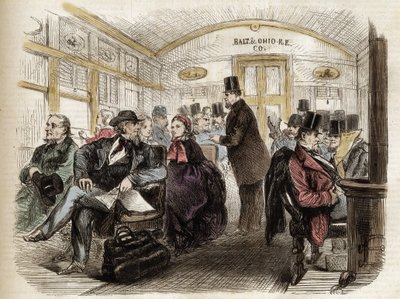 Vaunun sisäpuoli Baltimore & Ohio Railroadilla, USA - 1861 - amerikkalaisen vaunun sisäpuoli vuonna 1860 tekijältä Unknown artist
