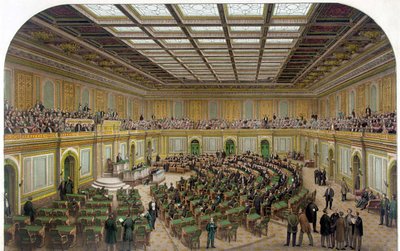 Sisäkuva US Capitol -huoneiston edustajainhuoneesta, jossa näkyy kongressi istunnossa ja katsojat galleriassa - Kaiverrus 1866. tekijältä Unknown artist