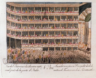 Sisäkuva kansallisteatterista lähellä Italian porttia Wienissä, Itävallassa. (Sisänäkymä Kansallisteatterista, Wien, Itävalta) Kaiverrus 1815 Yksityiskokoelma tekijältä Unknown artist