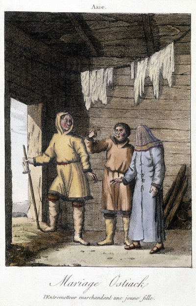 Välittäjä tinkimässä nuorta tyttöä häihin Ostiak (hanti tai khante) (Obin laakson keskialueen metsäalueelle perustettu paleosiberialainen metsästäjäheimo). tekijältä Unknown artist