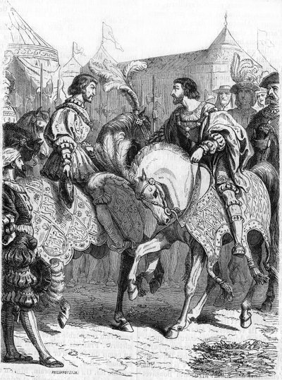 Francois 1:n ja Henry VIII:n haastattelu. Kaiverrus 1800-luvulta. tekijältä Unknown artist