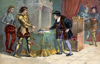 Ranskan kuninkaan Ludvig XI:n (1423-1483) ja Kaarle Rohkean, Burgundin herttuan haastattelu Peronneen lokakuussa 1468. Liebig-kromolitografia 1800-luvulta tekijältä Unknown artist
