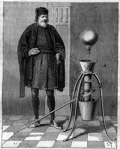 Keksintö: Saksalaisen keksijän Otto de Guericken (Otto de Guericke) (1602-1686) pneumaattinen kone. Kaiverrus "La Nature" tekijältä Unknown artist