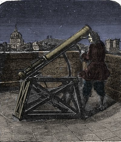 Isaac Newton (1642-1727) englantilainen fyysikko, joka käyttää kaukoputkeaan. tekijältä Unknown artist