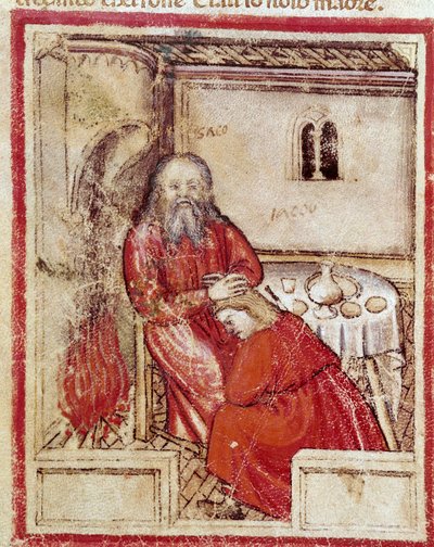 Iisak syötyään poikansa Jaakob Benitin tuoman lapsen uskoen, että se on Esau-miniatyyri koodista 212 (tai padovano-koodeksista tai Padovan Raamatusta) 1390-1400 Rovigo, Accademia dei Concordi tekijältä Unknown artist