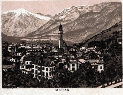 Italian Tiroli: näkymä Meranin kaupunkiin (Merano). kirjassa "" Maailma havainnollistaa 168 näkymää"" Päiväämätön (1800-luvun loppu) tekijältä Unknown artist