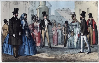Italialaista muotia 1800-luvulla - kaiverrus kirjasta "Universumin kaikkien kansojen käyttö ja tavat". Eli kaikkien kansojen hallituksen, lakien, miliisin, uskonnon historia kaukaisimmista ajoista nykypäivään "1856 tekijältä Unknown artist