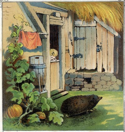 Jacques havaitsee herissonin ylittävän talonsa sisäpihan. Kromolitografia julkaisusta "" Scenes enfantines", toim. Guerin - Muller noin 1885. tekijältä Unknown artist