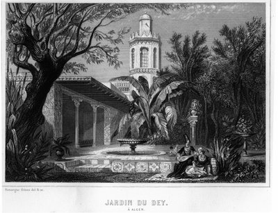 Jardin du dey Algerissa, joka sijaitsee Kasbahin (casbahin) linnoitettulla alueella, Ranskan armeijan päällikön pääasunto vuonna 1830 - Leon Galibertin "" L