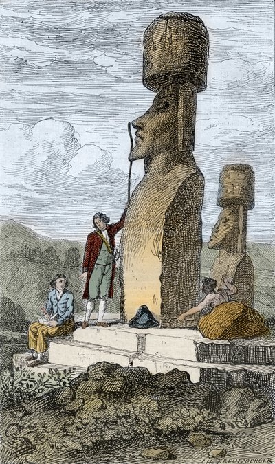 Jean-Francois Galaup, Comte de La Perousen englantilainen navigaattori ja tutkimusmatkailija pääsiäissaarella Aasian-matkansa aikana tekijältä Unknown artist