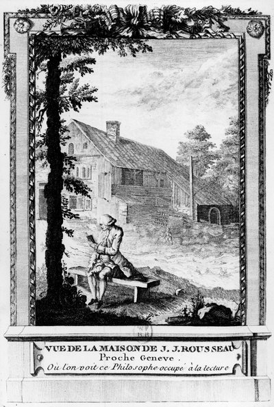 Jean Jacques Rousseau (1712-1778), ranskankielinen Geneven kirjailija ja filosofi; nähtynä hänen talostaan (lähellä Geneveä). tekijältä Unknown artist