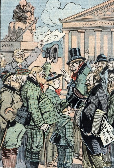 Jean Jaures Unified Socialists Opposes the Three Years Law (Military Service) represented by Germans, June 1914 (Saksalaiset tukevat Jean Jauresin johtamia yhdistyneitä sosialisteja, jotka vastustavat kolmen vuoden lakia, kesäkuu 1914) Sarjakuva "Le peleri tekijältä Unknown Artist