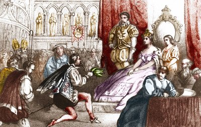 Jean Nicot esittelee tupakkakasvin Catherine de Medicisille (Caterina de medici) ja Lorraine-huoneen suurpriorille. 16. vuosisata. Kaiverrus 1800-luvulta tekijältä Unknown artist