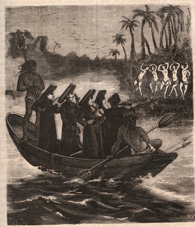 Jesuiittalähetyssaarnaajat saapuvat veneellä guarani-intiaanien joukkoon Paraguayhin vuonna 1553 - Kaiverrus vuodelta 1879 Pierre Zacconen (1817-1895) kirjaan "History of Secrete, Political and Religious Societes" tekijältä Unknown artist