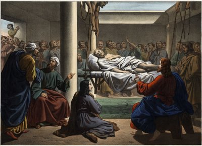 Jeesus paransi Betesdan halvaantuneen. Anonyymi kaiverrus 1800-luvun puolivälistä. tekijältä Unknown artist