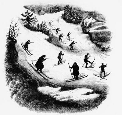 Jeux du Nord: hiihtäjät alas radalla - kaiverrus, 1800-luvun loppu. tekijältä Unknown artist