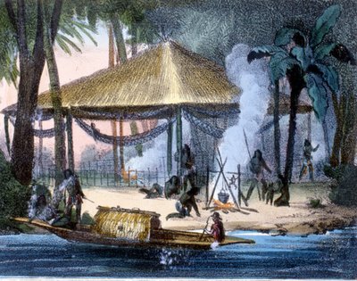 Jivaros-intiaanit Ecuadorissa. Kaiverrus 1846-48. tekijältä Unknown artist