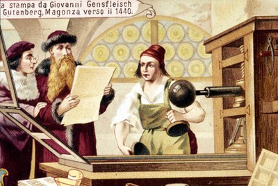Johannes Gensfleisch Gutenberg (1400-1468). noin 1440. 1800-luvun kromolitografia. tekijältä Unknown artist