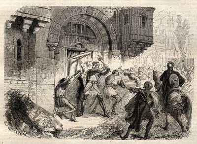 Johannes II Comnenus, Bysantin keisari - Keisari Johannes II Komnene (1087-1143) kreikkalaisten kärjessä ajamassa Konstantinopolissa palatsinsa ovea - kaiverrus "" Mainostavaan suosittuun sanakirjaan" - 1864 - Joseph Decembre ja Edmond Allonier - tekijältä Unknown artist