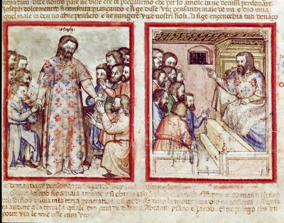 110-vuotiaana vakavasti sairas Joseph antaa anteeksi veljilleen, jotka kumartuivat hänen eteensä Miniatyyri Codex 212:sta (tai padovano-koodista tai Padovan Raamatusta) 1390-1400 Rovigo, Accademia dei Concordi tekijältä Unknown artist