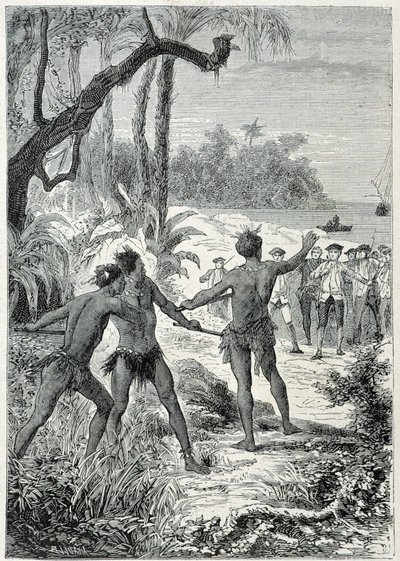 Kapteeni James Cookin (1728-1779) matka Uuteen-Guineaan: ensimmäinen kohtaaminen alkuperäiskansojen kanssa, kuva otettu teoksesta "1700-luvun suuret merenkulkijat" tekijältä Unknown artist